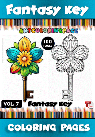 A vibrant floral key design on a coloring page, featuring intricate details, showcasing the artwork from artcoloringpage.com coloring book.