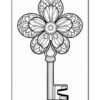 A decorative outline drawing of a vintage key shaped like a flower, featuring intricate petal designs at the head and a traditional key shaft with a segment for the keybit.