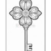 An ornate, floral-shaped key featuring a detailed flower design at the head and a long shaft with a distinct cut at the bottom, outlined in black and set against a white background.