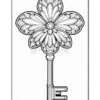 A decorative key with a floral design at the top, featuring intricate petal shapes and a central flower motif, with the key shaft and teeth visible below it.