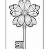 A coloring page illustration of a large flower at the top with a decorative key stem below it, both outlined in black on a white background.