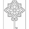 A decorative key design featuring a floral motif at the top, with intricate petal shapes and a circular center, extending down to a straight shaft that ends with the letter 'E' at the base.