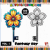 Coloring pages featuring a fantasy key design with a colorful flower on one side and a black-and-white outline on the other. From artcoloringpage.com.