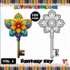 A colorful fantasy key illustration alongside a black-and-white version, promoting coloring pages from artcoloringpage.com.