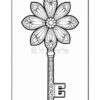 A decorative key with a floral design as the head and an ornate shaft, drawn in black and white, suitable for coloring.