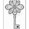 A line art illustration of a key shaped like a flower, featuring intricate petal designs at the top and a traditional key shaft with a stylized head and a distinctive 'C' cutout.