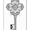 A decorative key shaped like a flower, featuring an ornate floral design at the head and a standard key shaft and bit, outlined in black on a white background.