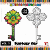 Coloring pages featuring a fantasy key and floral design, promoting artcoloringpage.com with 100 pages in Vol. 3 of the coloring book.