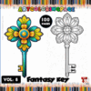 Fantasy Key coloring page from artcoloringpage.com, featuring a colorful key design alongside a black and white version, part of a 100-page coloring book.