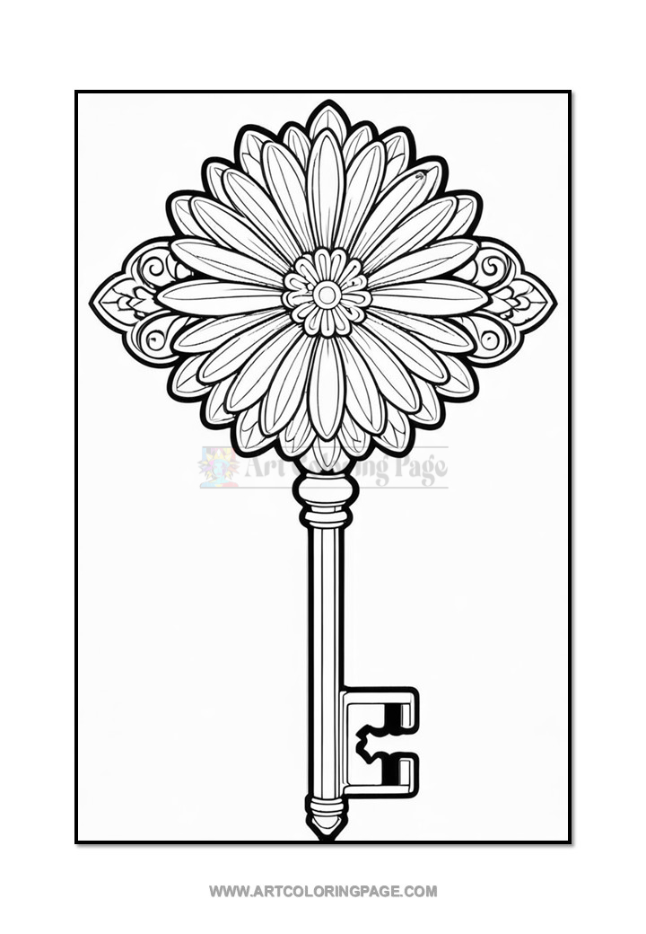 A decorative key with an ornate floral design at the top, featuring petal-like shapes and a smaller flower in the center, attached to a straight shaft with a simple key head.