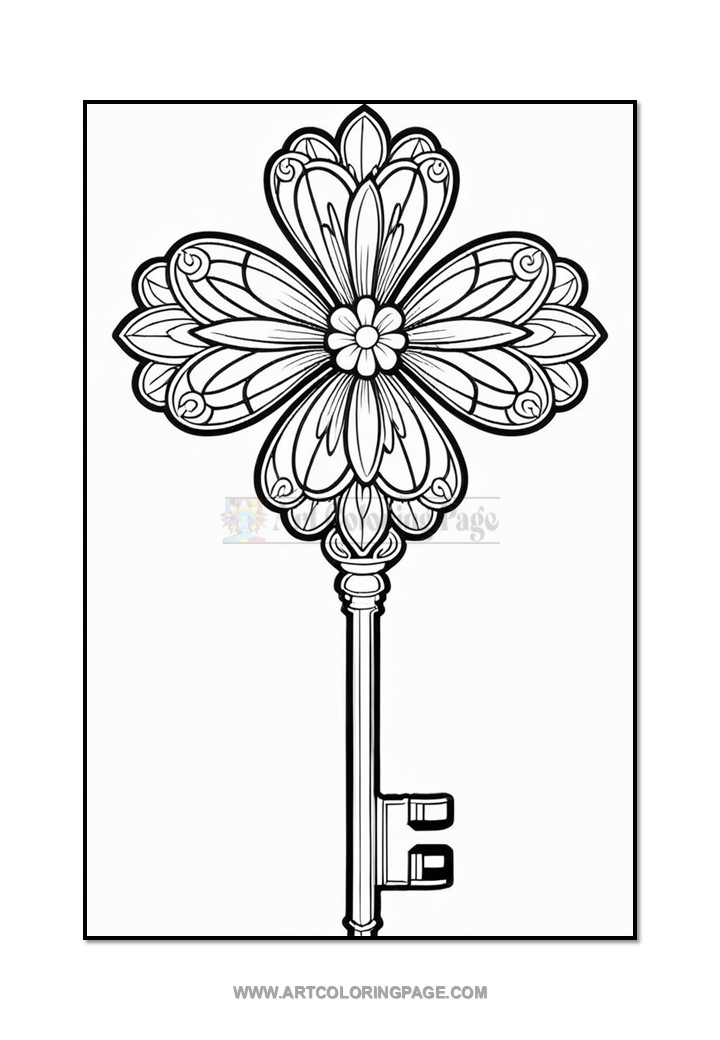 An ornate, decorative key with a floral design at the top and a long, straight shaft leading to a simple key head.