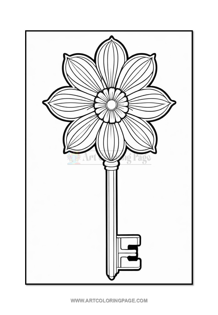 An illustration of a key designed to resemble a flower, featuring petal-like shapes and intricate line patterns on the flower portion, with the key shaft extending downward.