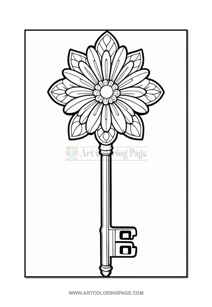 A decorative key with a floral design at the top, featuring intricate petal patterns and a circular center, with a straight shaft and a notched end.