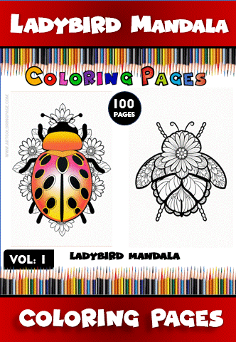 Ladybird mandala coloring pages from artcoloringpage.com, featuring a colorful design on one side and a black-and-white outline on the other.