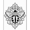 A black and white illustration of a large, stylized flower with intricate leaf patterns, featuring a beetle in the center. The beetle is depicted with a shiny, rounded body and distinct markings.