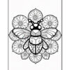 A black and white line drawing of a whimsical insect with flowers surrounding it, featuring large eyes, antennas, and detailed wings, set against a plain background.