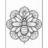 A black and white line drawing of a bee at the center of a floral mandala design, featuring petal-like elements radiating outward in a symmetrical pattern.
