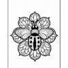 A detailed black and white illustration of a flower with petals featuring intricate patterns, and a ladybug in the center, combining floral and insect design elements in a symmetrical layout.