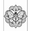 A black and white intricate coloring page design featuring a large butterfly at the center, surrounded by symmetrical floral patterns and ornate petals, creating a mandala-like appearance.