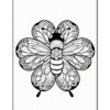 A black and white illustration of a stylized flower with a bee in the center, featuring intricate patterns on both the petals and the bee's body, set against a plain background.