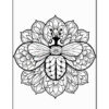 A black and white illustration of a bee centered within a floral mandala design, featuring intricate patterns of leaves and flowers surrounding the bee.
