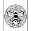 A detailed black and white illustration of a butterfly surrounded by intricate floral patterns within a circular frame.