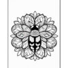 A detailed black and white illustration of a beetle at the center of a large flower, surrounded by intricate petal designs and floral patterns, emphasizing symmetry and ornamental features.