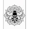 A black and white coloring page featuring a large bee surrounded by various flowers, with detailed linework to enhance the floral and insect features.