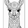 A detailed, black and white line art illustration of a llama's face adorned with intricate floral patterns and geometric designs, featuring large ears and expressive eyes.