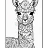 An intricately designed black and white illustration of a llama surrounded by floral patterns, featuring large expressive eyes and a flower on its head, set against a plain background.