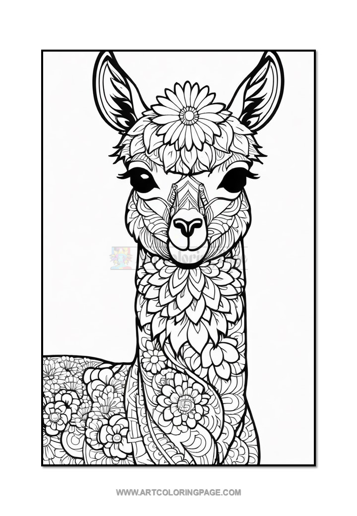An intricately designed black and white illustration of a llama surrounded by floral patterns, featuring large expressive eyes and a flower on its head, set against a plain background.