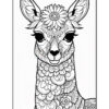 A detailed line art illustration of a llama adorned with floral patterns and designs, featuring large expressive eyes, intricate ear shapes, and a decorative floral element on its head.