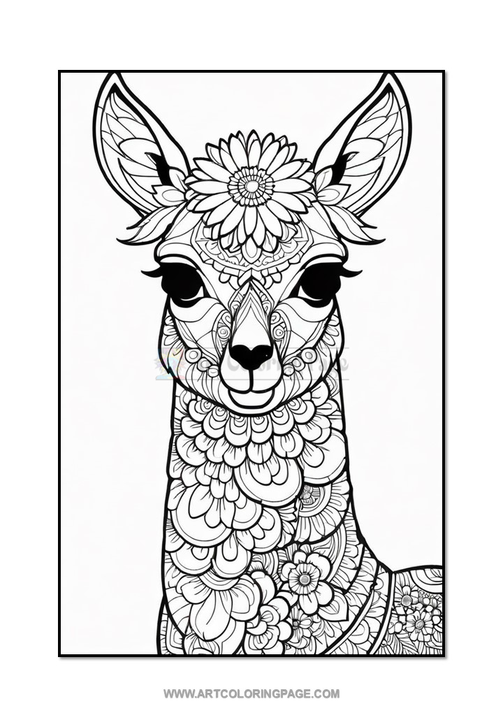 A detailed line art illustration of a llama adorned with floral patterns and designs, featuring large expressive eyes, intricate ear shapes, and a decorative floral element on its head.