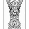 A detailed black and white illustration of a llama adorned with floral patterns, featuring large eyes and a decorative flower crown on its head. The llama's body is intricately covered with various floral designs, while the background remains plain.