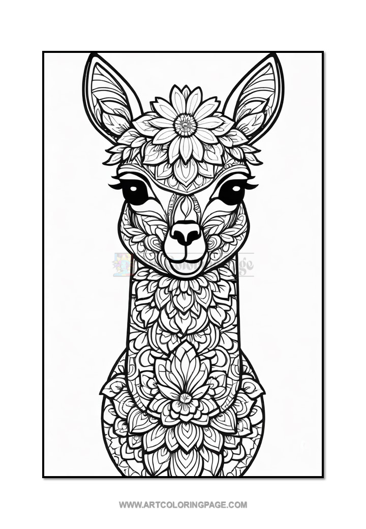 A detailed black and white illustration of a llama adorned with floral patterns, featuring large eyes and a decorative flower crown on its head. The llama's body is intricately covered with various floral designs, while the background remains plain.