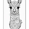A detailed line drawing of a llama adorned with floral patterns, featuring large, expressive eyes and intricate designs covering its neck and head, against a plain white background.