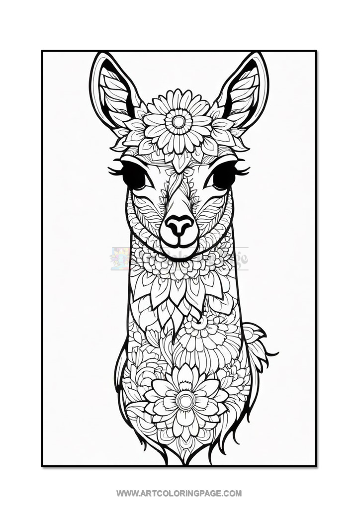 A detailed line drawing of a llama adorned with floral patterns, featuring large, expressive eyes and intricate designs covering its neck and head, against a plain white background.