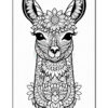 A detailed black and white illustration of a llama's head, adorned with intricate floral patterns and designs, showcasing various flowers and ornamental shapes throughout its face and neck.