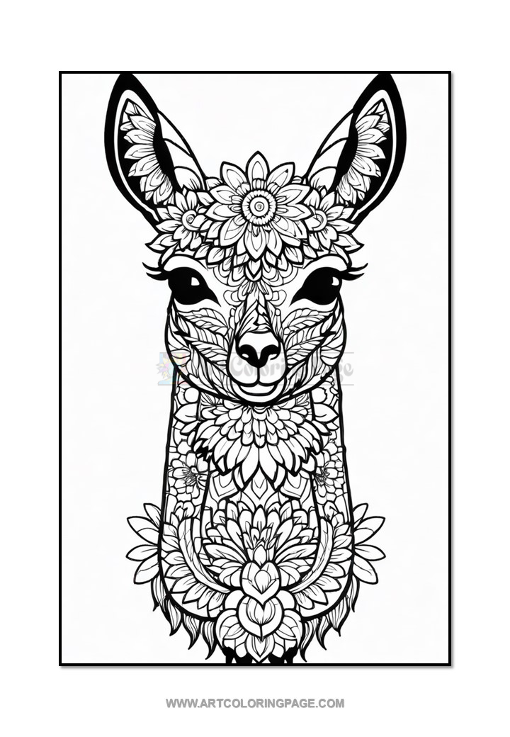 A detailed black and white illustration of a llama's head, adorned with intricate floral patterns and designs, showcasing various flowers and ornamental shapes throughout its face and neck.