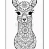 A stylized black and white illustration of a llama adorned with intricate floral patterns, featuring detailed flowers on its head and body against a plain background.