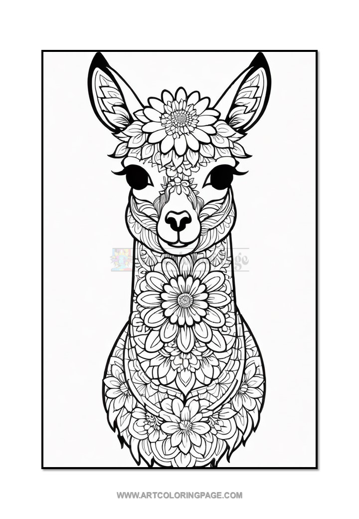 A stylized black and white illustration of a llama adorned with intricate floral patterns, featuring detailed flowers on its head and body against a plain background.