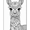 A stylized illustration of a llama featuring intricate black line patterns and floral designs, set against a white background.