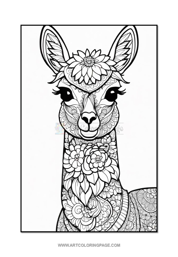 A stylized illustration of a llama featuring intricate black line patterns and floral designs, set against a white background.