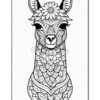 A black and white illustration of a stylized llama adorned with intricate floral patterns and details, featuring a large flower on its forehead and decorative elements throughout its body.
