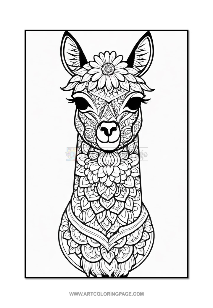 A black and white illustration of a stylized llama adorned with intricate floral patterns and details, featuring a large flower on its forehead and decorative elements throughout its body.