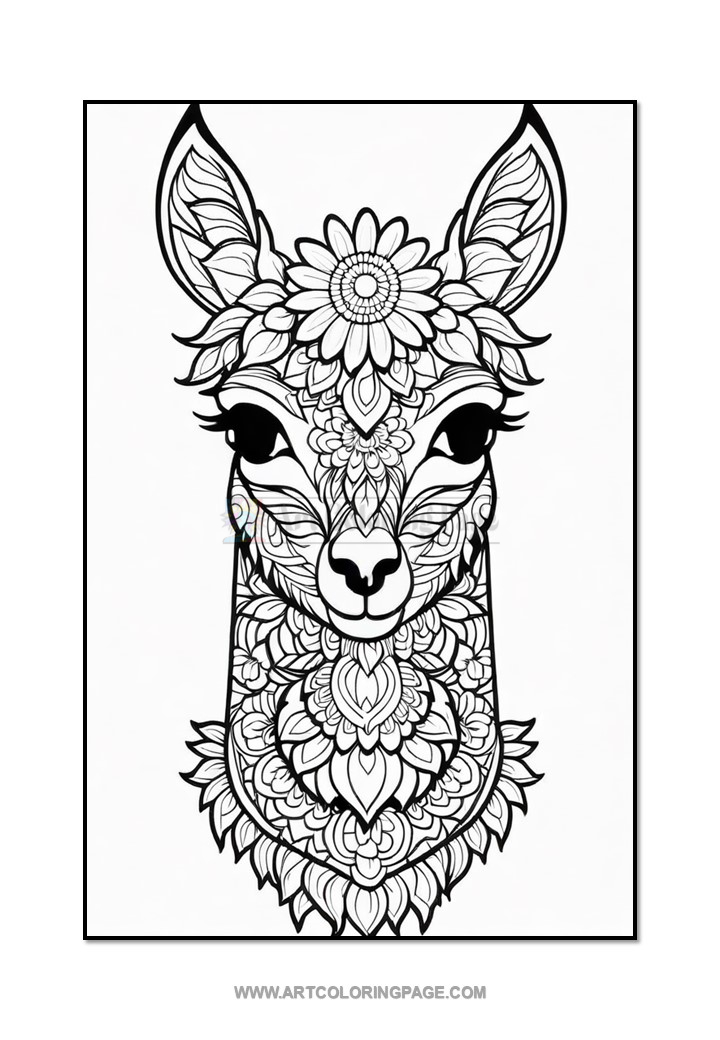 A detailed black and white illustration of a llama's face, adorned with intricate floral and mandala patterns, highlighting its eyes and ears.