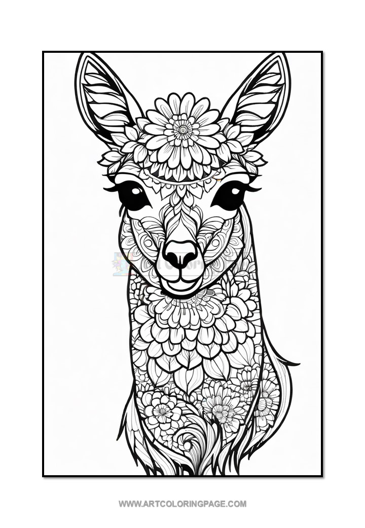 An intricate black and white illustration of a llama adorned with floral patterns, featuring a large flower design on its forehead and detailed flower motifs throughout its face and neck.
