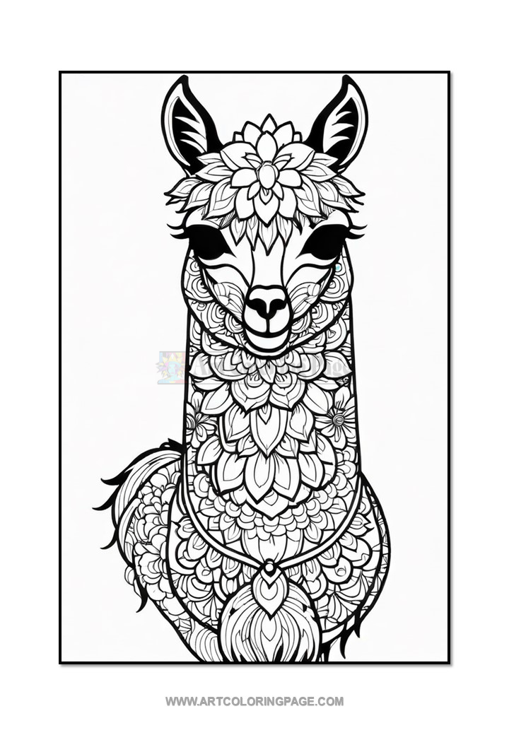 A black and white illustration of a llama adorned with intricate floral patterns and designs, featuring details like a large flower on its forehead and decorative ornaments on its neck, set against a plain background.