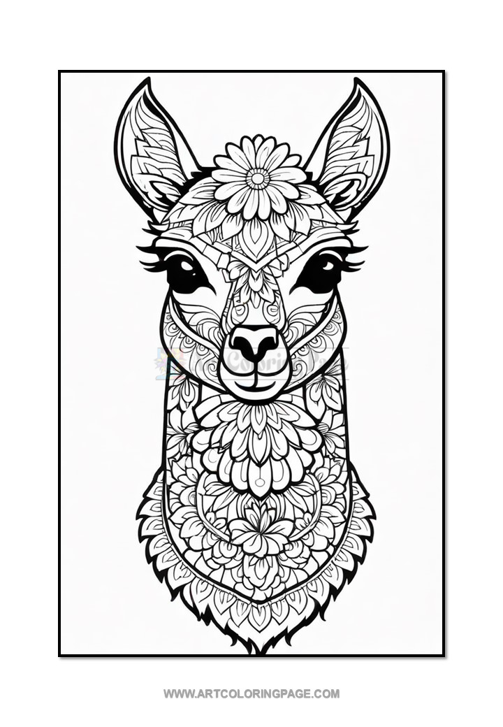A detailed black and white illustration of a llama's head adorned with intricate floral patterns and designs, showcasing its large eyes and expressive features against a plain background.