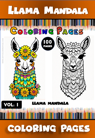 Llama mandala coloring pages featuring intricate flower designs, promoting artcoloringpage.com's coloring book series.